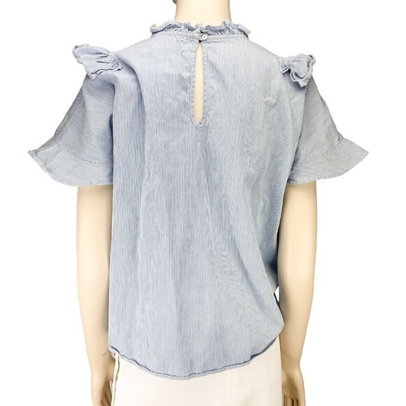 AMERCICO & ROSA Blue White Coastal PinStriped Ruffled Blouse Top Size M - Picture 4 of 7